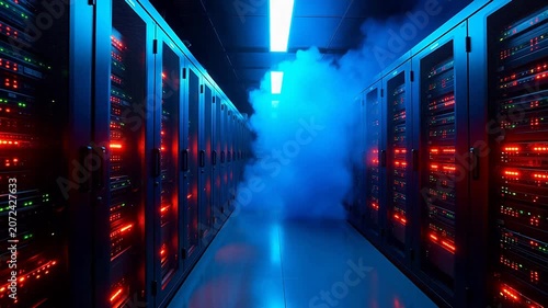 Server room with illuminated racks and smoke