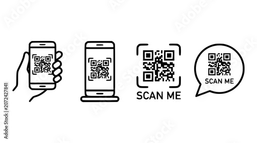 Vector graphic illustration of QR code scan me icons on devices