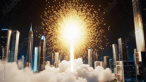 City skyline with fireworks