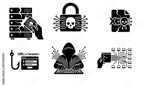 Cybersecurity Threats and Hacker Attack Glyph Icons Set. Transparent background.