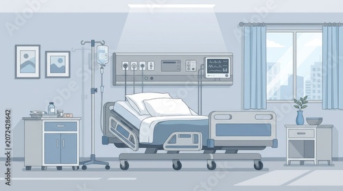 Modern Hospital Room with Patient Bed, IV Drip and Medical Equipment
