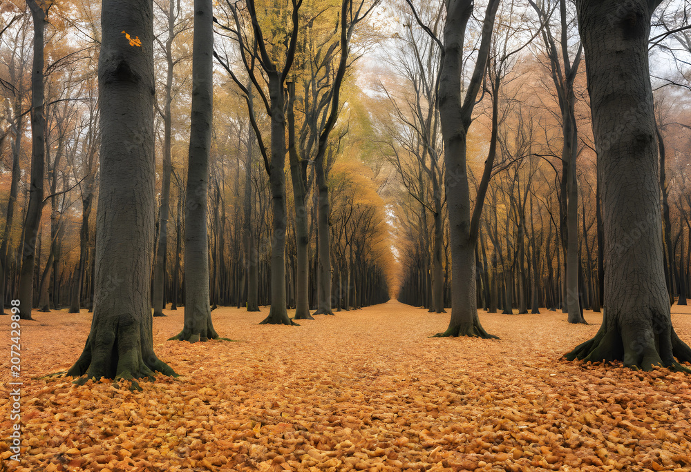 Fototapeta premium Autumn forest path covered with fallen leaves