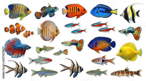 Vibrant tropical fish collection swimming on white background