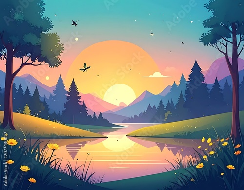 A serene landscape with a sunset over a body of water (7)