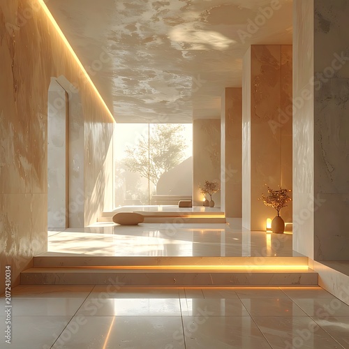A serene, modern interior space with warm lighting and minimalist decor (2)