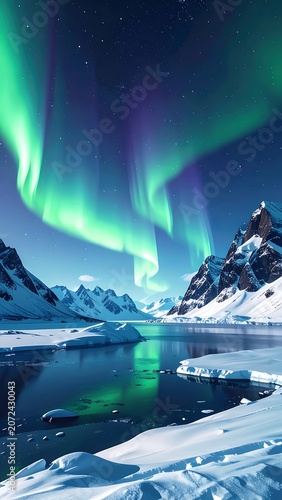 A serene snowy landscape with a frozen lake under the aurora borealis (1)