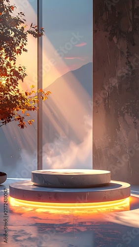 A serene scene with a glowing podium by a window overlooking mountains