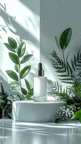 A serene still life with a white bottle on a pedestal surrounded by lush greenery and soft light