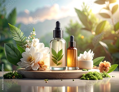 A serene still life of two dropper bottles with flowers and greenery