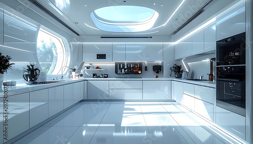 A sleek, modern kitchen with white glossy surfaces and a large skylight