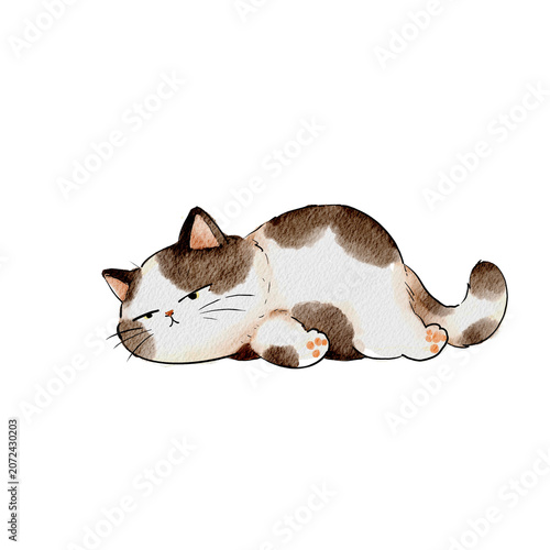 Fotografía Watercolor grumpy spotted cat lying down lazily on a white background representi