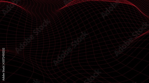Red wireframe landscape with flowing grid lines, futuristic digital terrain animation