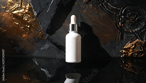A white dropper bottle on a black reflective surface with gold accents