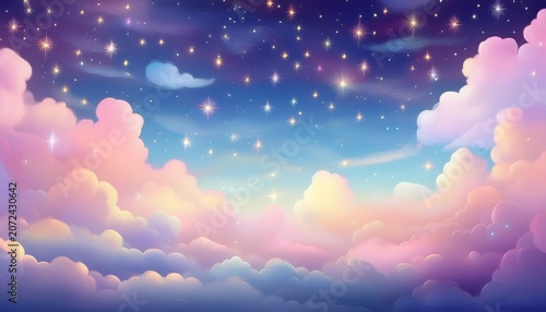 Dreamy Cloudscape With Soft Clouds And Twinkling Light Stars In Pastel Colors