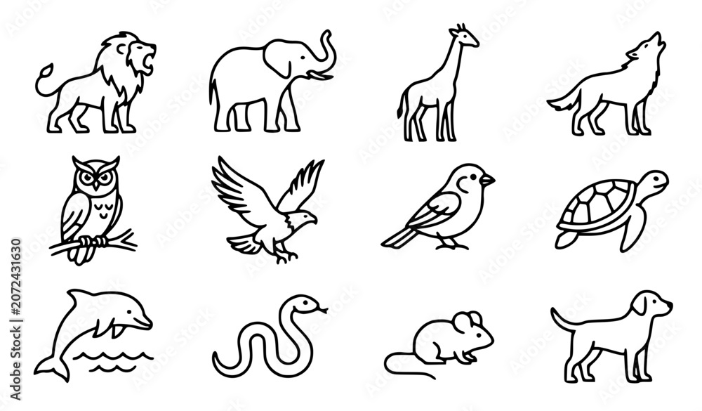 Obraz premium Animal types vector icon set with simple bold line art classic lion elephant giraffe owl and wildlife clip art black and white