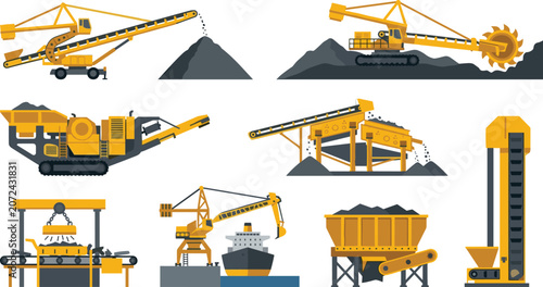 Flat Vector Icons of Heavy Mining Machinery and Bulk Material Handling Equipment for Industrial Processing Projects