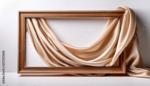 Elegant Wooden Frame Draped With Soft Beige Silk On A Subtle White Background Showcasing Luxurious Texture And Simplicity In Design