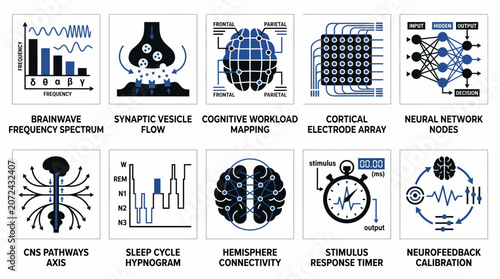 set of vector illustrations depicting various neuroscience and neurology concepts, including brainwave frequency spectrum, synaptic vesicle flow, cognitive workload mapping, and more.