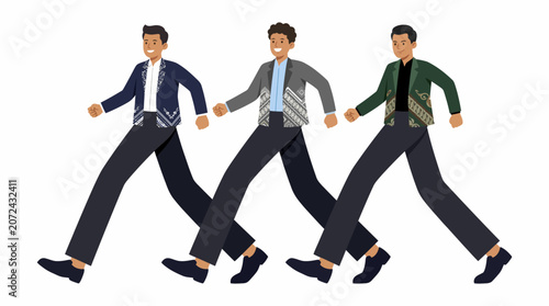 An image of three men dressed in traditional clothing, walking side by side with synchronized steps, conveying a sense of unity and cultural heritage.