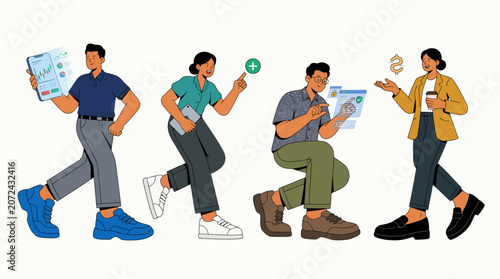vector illustration of four diverse business professionals walking while interacting with mobile devices, analyzing data, and discussing finance, showcasing a modern and dynamic work environment.