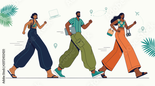 vibrant illustration of three people from different ethnic backgrounds walking together, each carrying items associated with travel and technology, conveying a sense of adventure and modern connecti