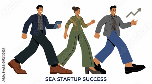group of three diverse business professionals walking together, conveying a sense of teamwork and success in a startup environment, set against a clean white background.