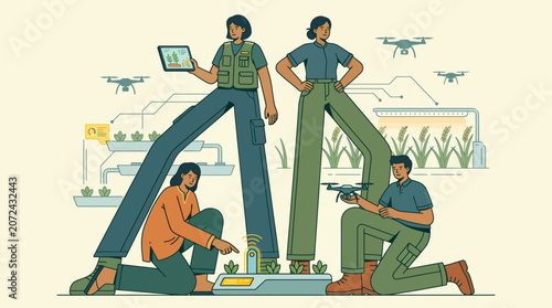 group of four individuals, two men and two women, are engaged in a collaborative effort utilizing drones and modern technology in an agricultural environment. They are surrounded by plants, drones