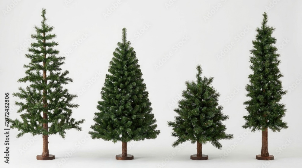 Obraz premium Four artificial christmas trees on wooden bases in various sizes
