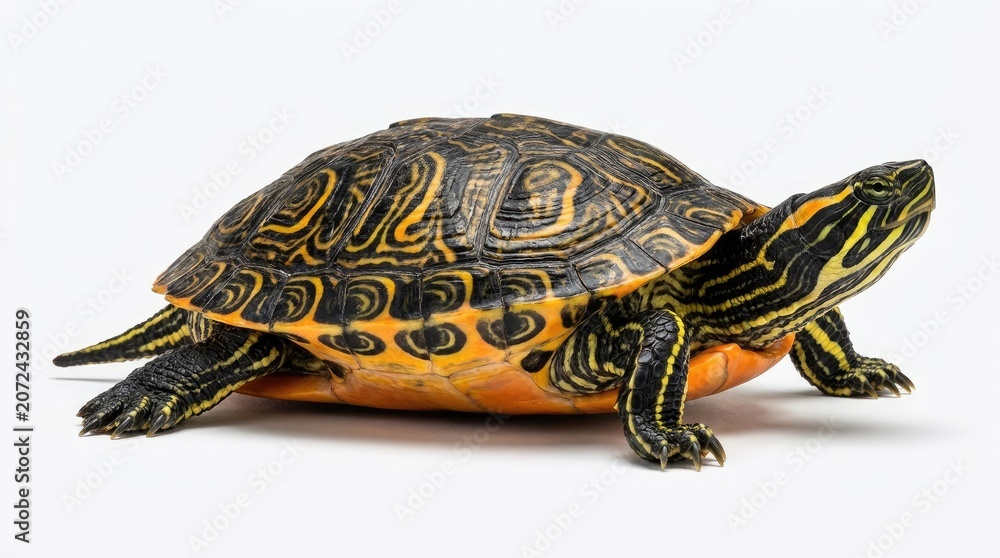 Fototapeta premium Red eared slider turtle close up detailed shell pattern and vibrant markings on white background