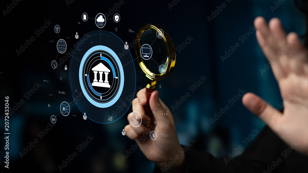 Fototapeta premium A global FinTech and digital banking network technology concept. A central financial system connected to the worldwide digital economy and services. Motif