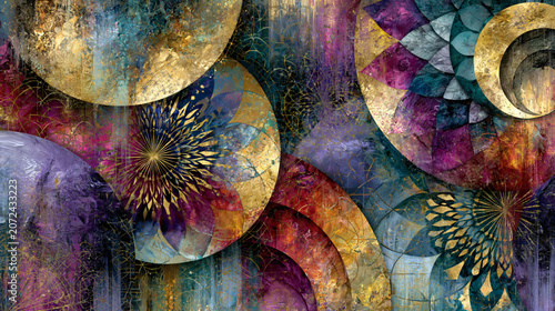 Luxurious Golden Mandala Pattern with Teal Purple and Red Accents – Ornate Abstract Art