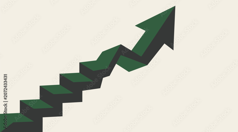 Fototapeta premium Minimalist 3D green upward arrow representing financial growth and progress steps.