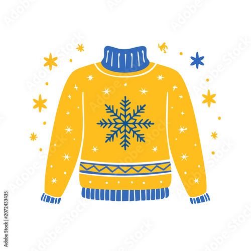 Yellow Christmas sweater with snowflake and stars
