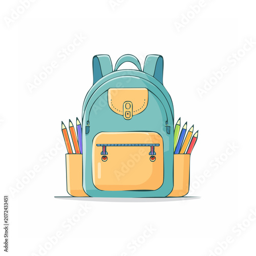 Blue and yellow backpack with pencils and pens