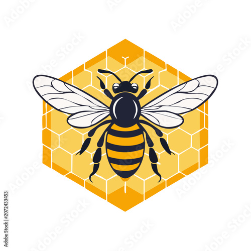 Cartoon bee on honeycomb pattern vector illustration
