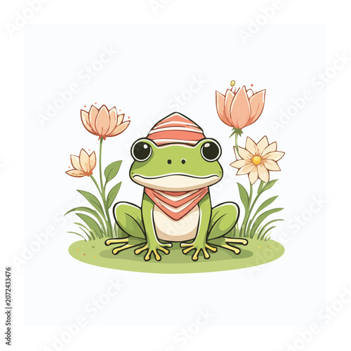 Cartoon frog with flowers and plants