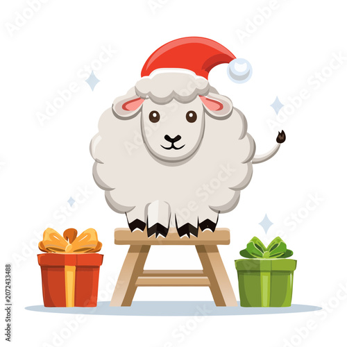 Cartoon Sheep in Santa Hat with Gift Boxes