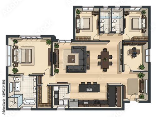 2D CAD Design of a Luxury Residential Home Floor Plan with Rooms and Furniture
