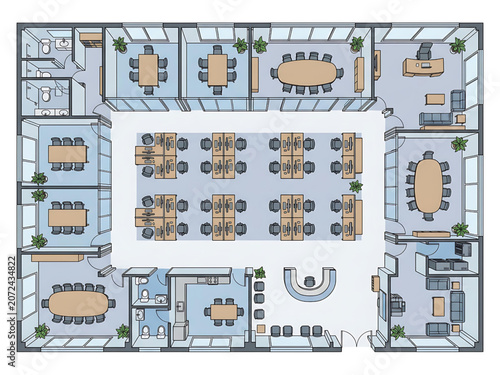 2D CAD Design of a Modern Corporate Office Floor Plan with Workstations and Meeting Rooms
