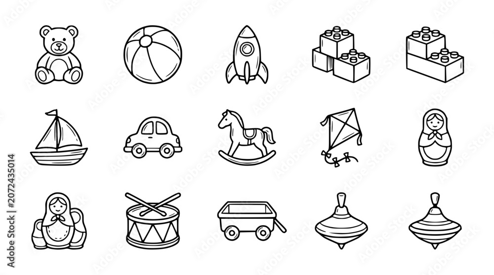 Obraz premium Collection of hand-drawn children's toys in a doodle style