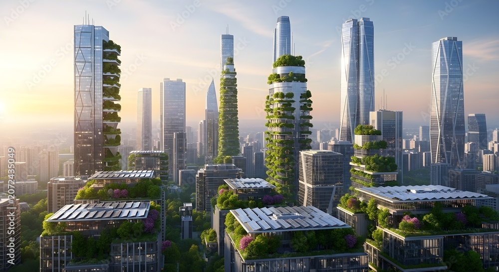 Obraz premium Futuristic cityscape with green buildings and vertical gardens under a warm sky, showcasing sustainable urban development.