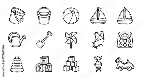 Konstfotografi Hand-Drawn Children's Toys Icon Set: Summer Fun and Playtime Collection