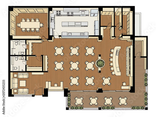 2D CAD Design of a Modern Restaurant Floor Plan with Dining Area and Kitchen
