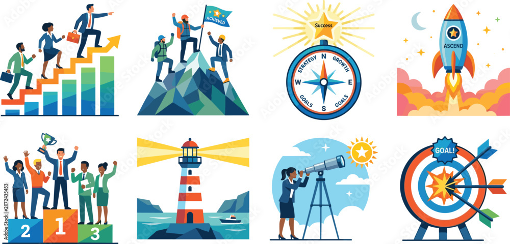 Naklejka premium Business success and growth concept icons featuring goal achievement, leadership teamwork, career progress, and strategy flat vector illustrations