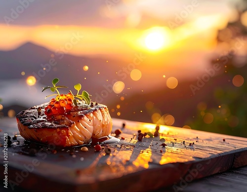 A toasted bun with toppings on a wooden board at sunset