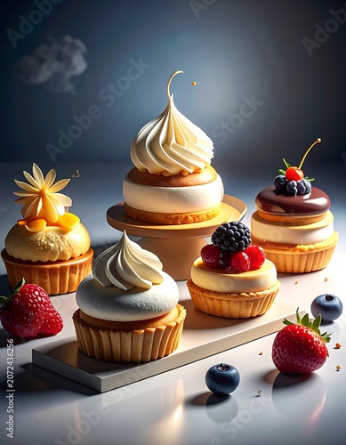 A tray of assorted cupcakes with berries and creamy toppings