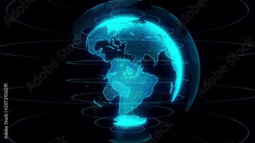 Globe rendered in blue light displays a digital network of global, Futuristic Digital Hologram Earth Globe Animation
Rotating, Global Network Holographic Globe