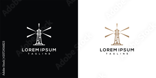 Minimalist Line Art Lighthouse Logo Template with Guiding Light Rays