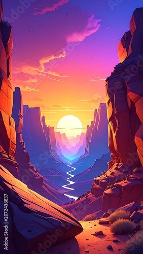 A vibrant canyon landscape at sunset with a glowing sun