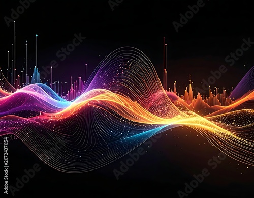 A vibrant, multicolored waveform pattern against a dark background